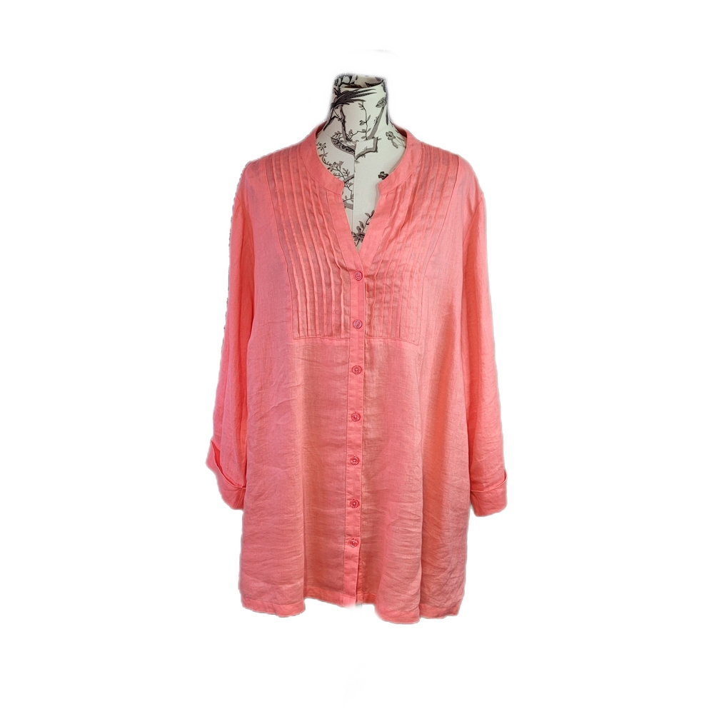 Kim Rogers Size 3X Shirt 100% Linen Roll Tab Sleeve Button Up Long Line